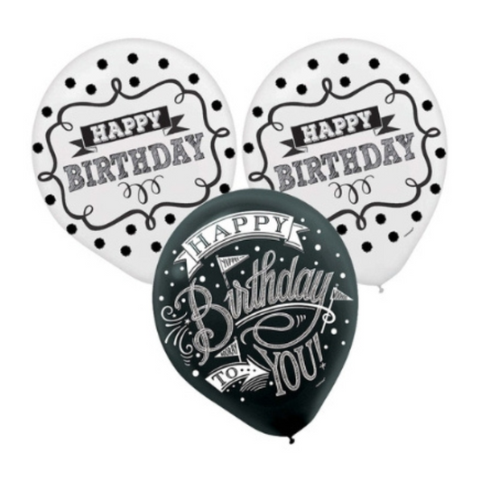 Black and white birthday balloons, 15 pieces