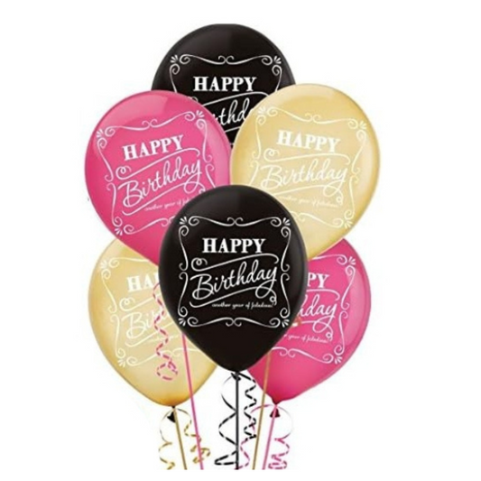 Birthday balloons with printed words, 15 pcs