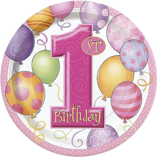 Pink birthday plates for the first year, girls, 8 pieces