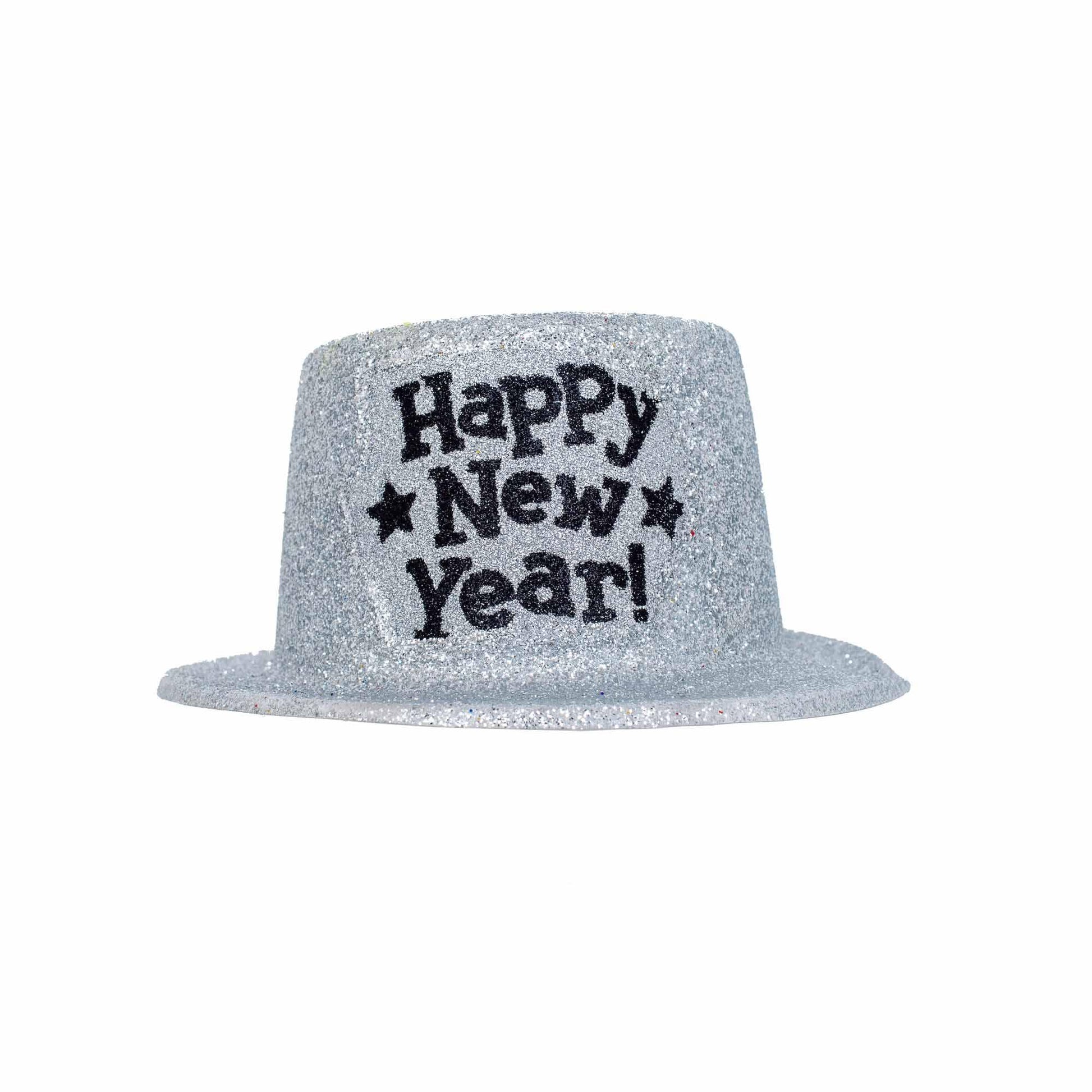 Happy New Year Silver Glitter Top Hat Costumes & Apparel - Party Centre