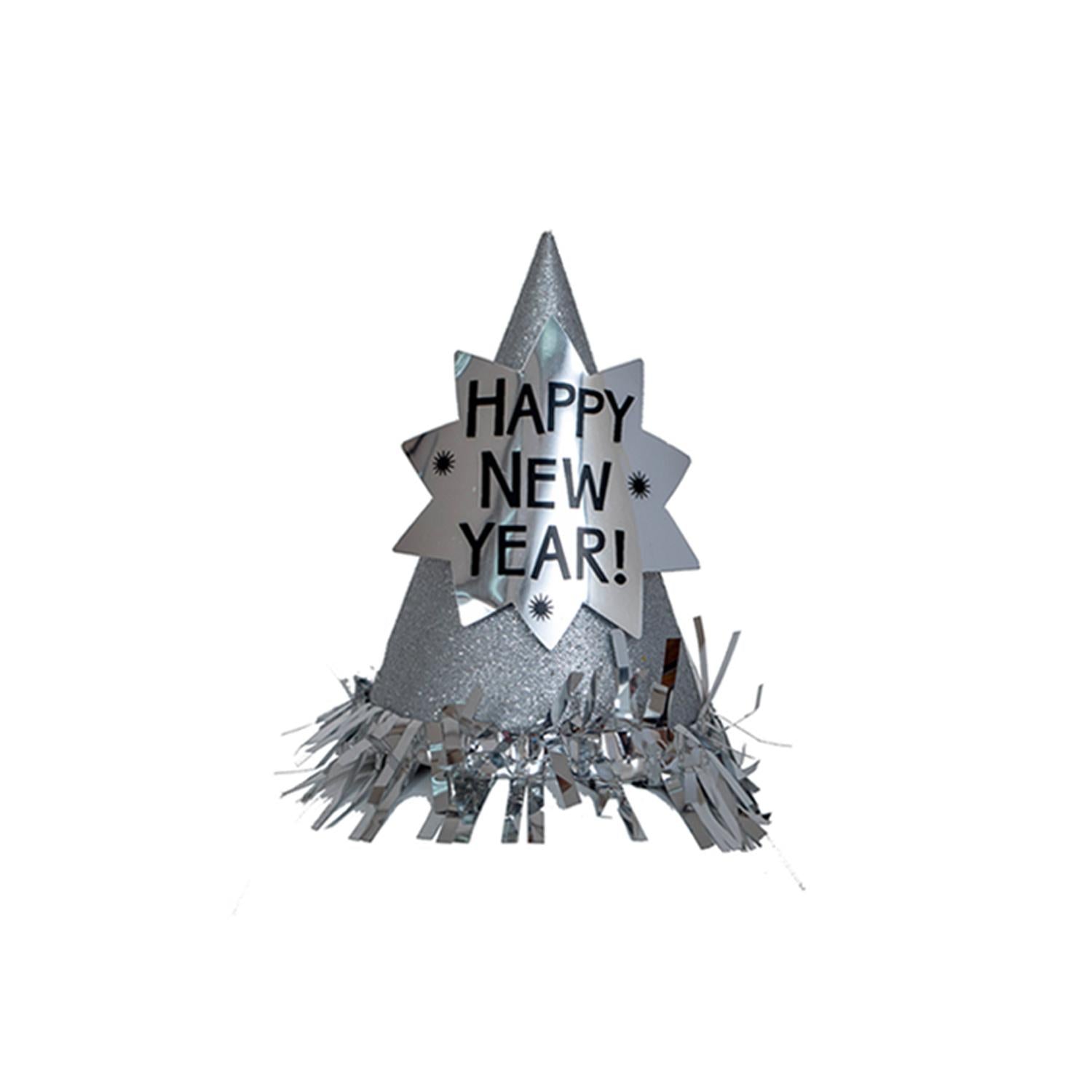 Happy New Year Silver Glitter Mini Cone Hat Costumes & Apparel - Party Centre