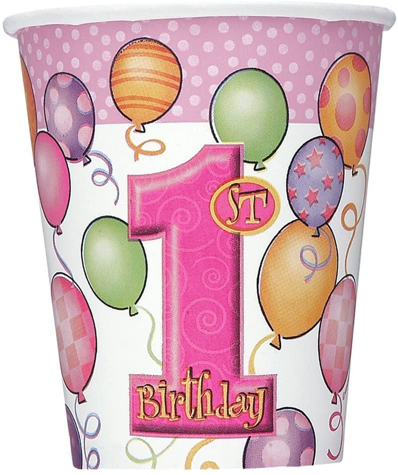 Birthday cups with a pink theme for the first year, girls, 8 pieces