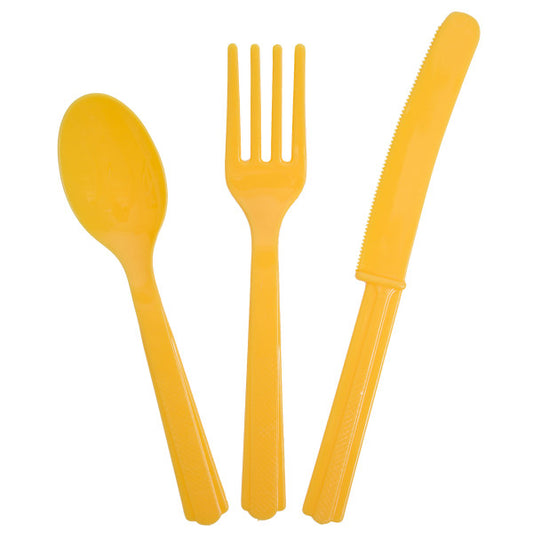 SUNFLOWER YELLOW SOLID ASSORTED PLASTIC CUTLERY, 18CT