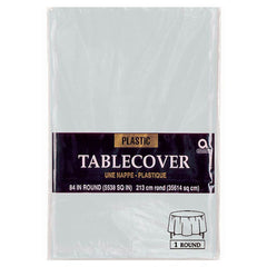 silver round plastic table cover 84in